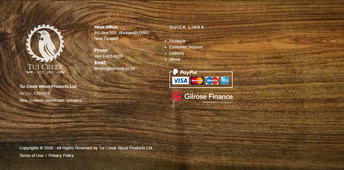 Tui Creek footer: contact details, quick links, and payment options